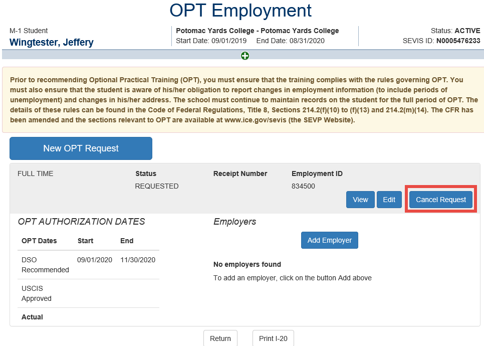 Screenshot of Cancel OPT Employment request