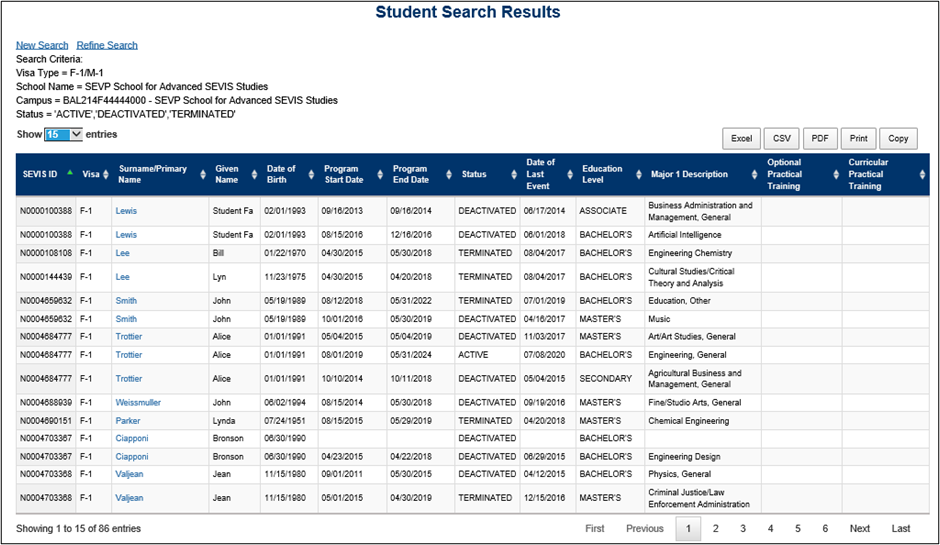 Student Search Results 