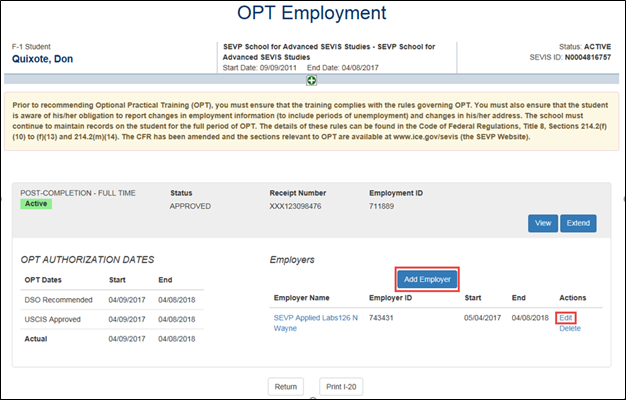 OPT Employment page with Add Employer button highlighted
