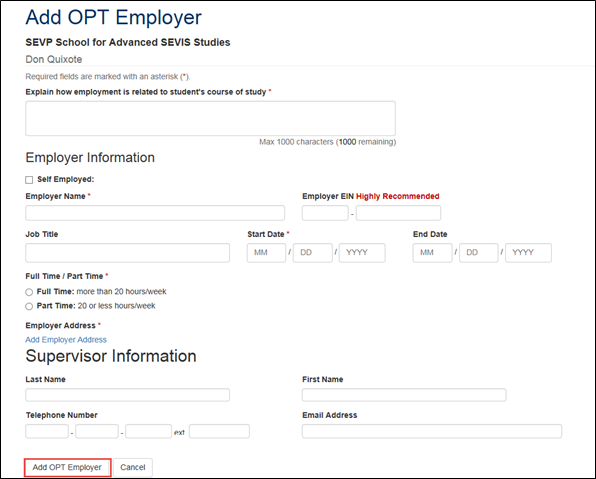 Screenshot of Add OPT Employer page with Add OPT Employer button highlighted