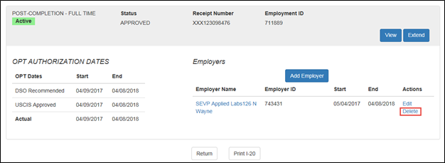 Screenshot of OPT Employment page with Delete Employer button highlighted