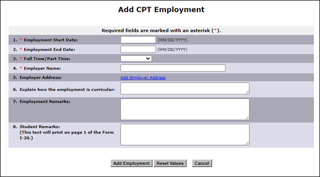 Screenshot of the 'Add CPT Employment' page