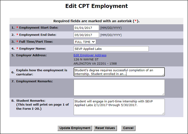 Screenshot of the Edit CPT page in SEVIS