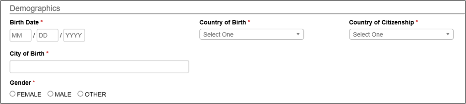 Screenshot of Demographics section of the Form I-20