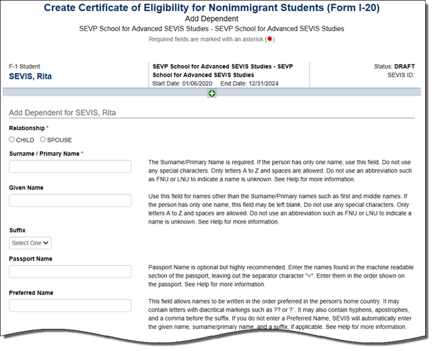 Screenshot of the Add Dependents section of the Form I-20