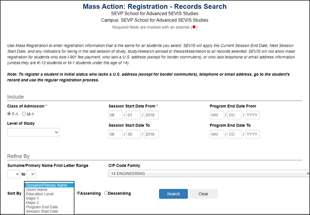 Screenshot of the Mass Registration Records Search screen