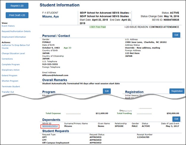 Screenshot of the Student Information page