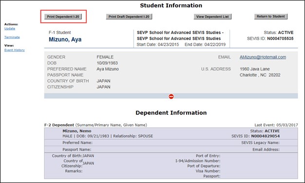 Screenshot of Dependent Information page