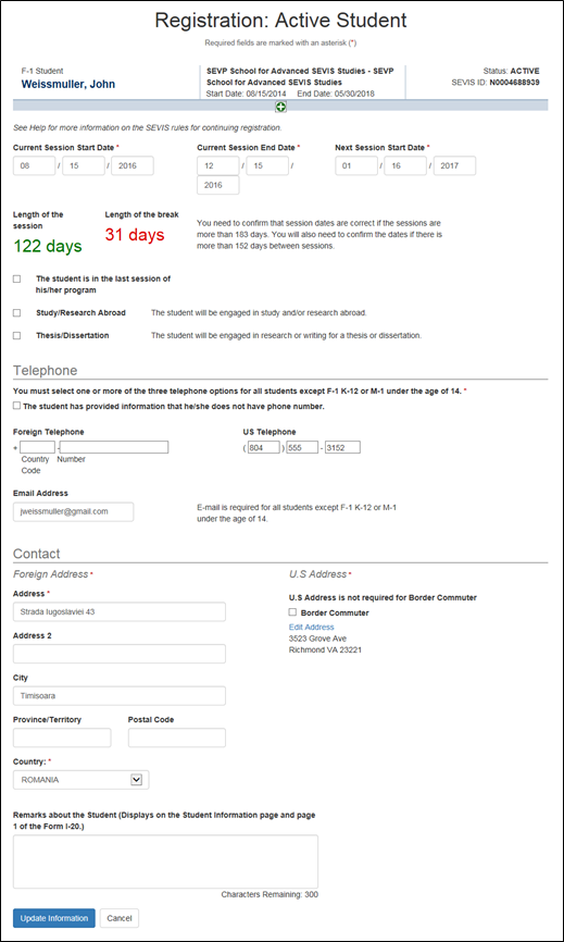 Screenshot of the Registration: Active Student page