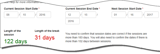 Screenshot of current session start and end dates