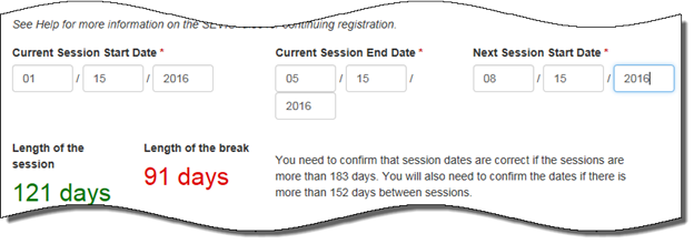 Screenshot of session start and end dates