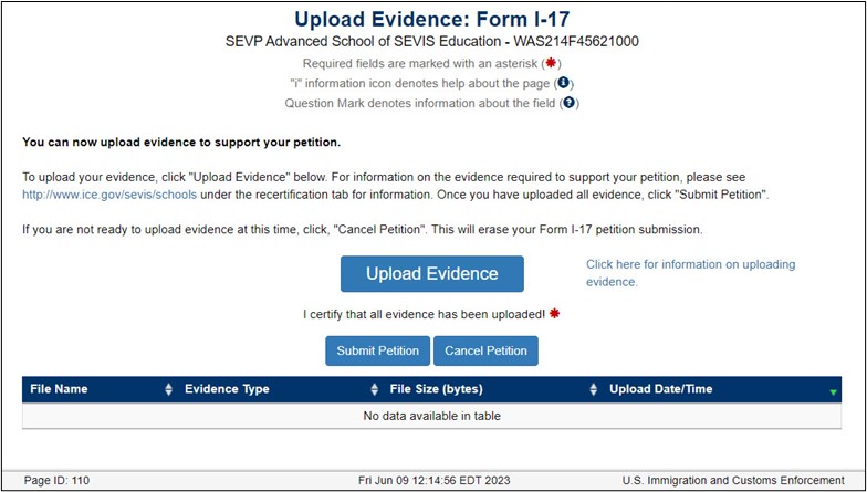 View of the Upload Evidence: Form I-17 page in SEVIS