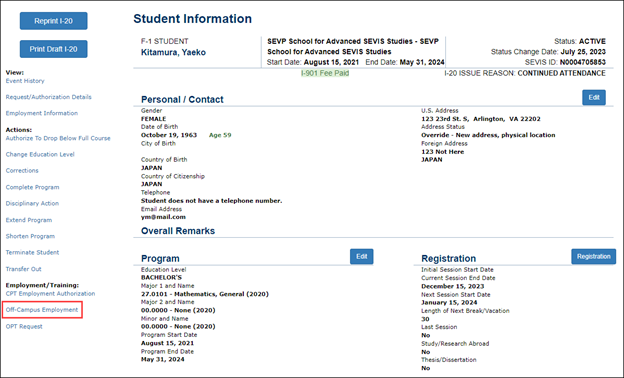 Screenshot of the Student information page with Off-Campus Employment link highlighted.