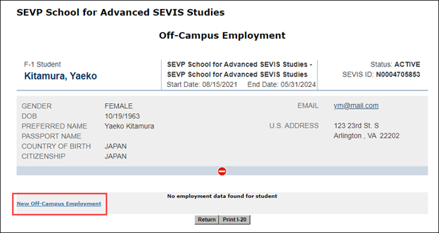 Screenshot of the Off-Campus Employment page with New Off-Campus Employment link highlighted.