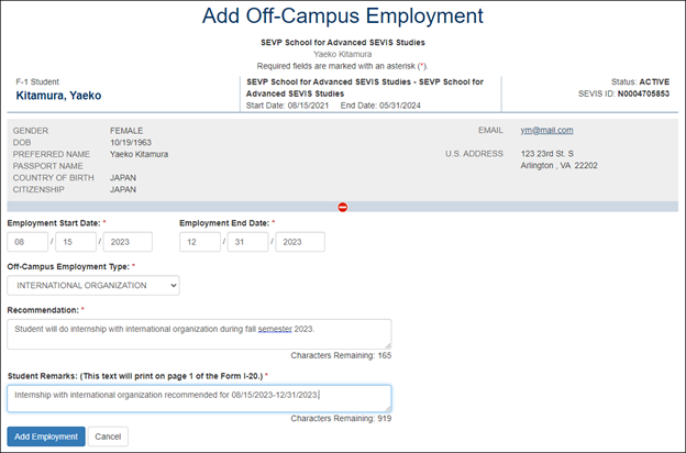 Screenshot of the Add Off-Campus Employment page with all data fields required.