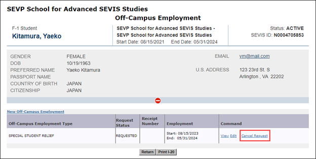 Screenshot of the Off-Campus Employment page with Cancel Request link highlighted.