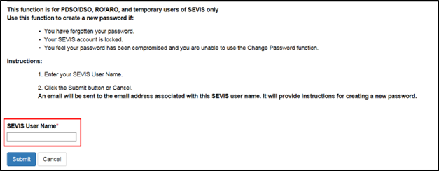Screenshot of the Bottom of Request Password Reset page with SEVIS User Name indicated