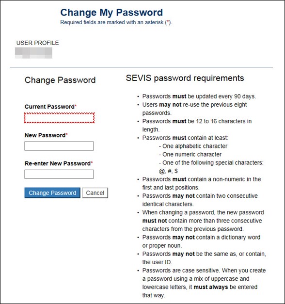 Screenshot of the Change My Password page