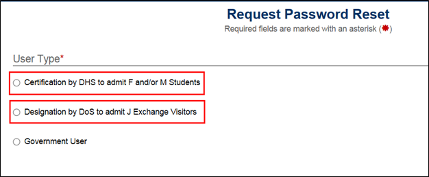 Request Password Reset page with User Types indicated