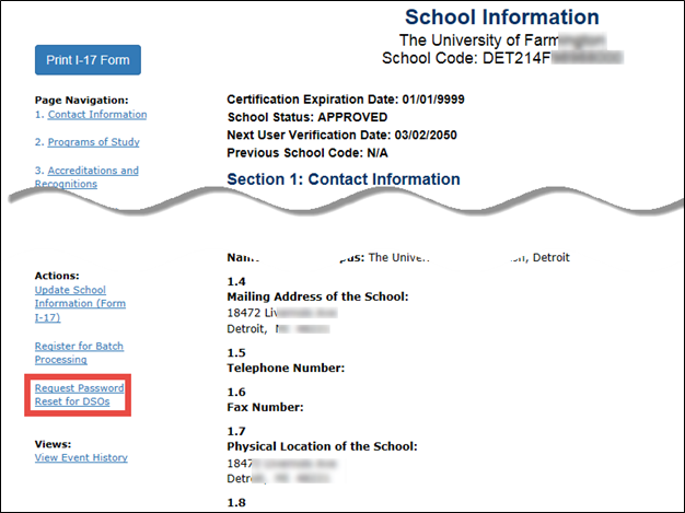 School Information page, Request Password Reset for DSO in red