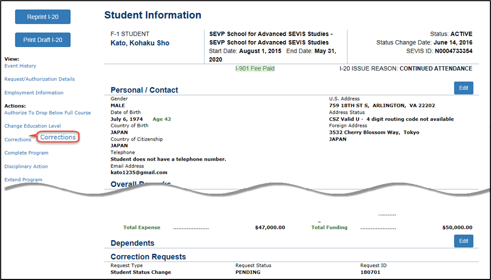 Screenshot of the Student Information page with corrections in red.