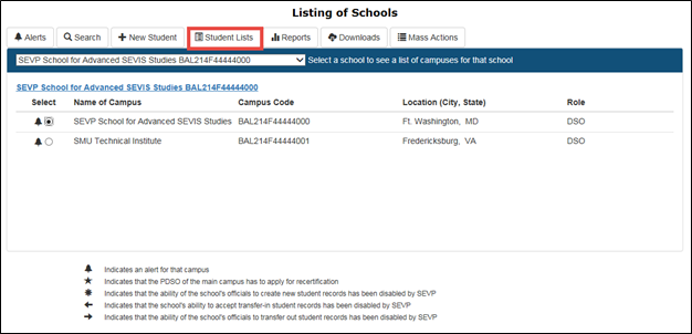 Screenshot of the Listing of Schools page with Student Lists in red.