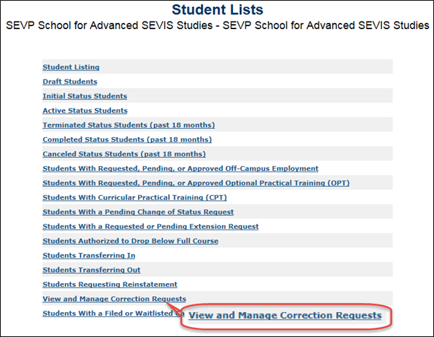 Screen shot of Student Lists page with link for Students With a Pending Data Correction Request in red.