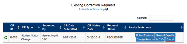 Screenshot of the Corrections Management page with Existing Correction Requests section and cancel in red.