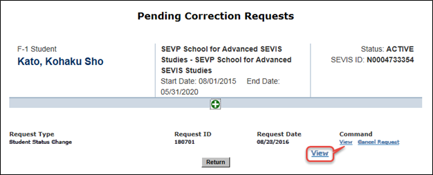 Screenshot of the Pending correction requests page with view in red.