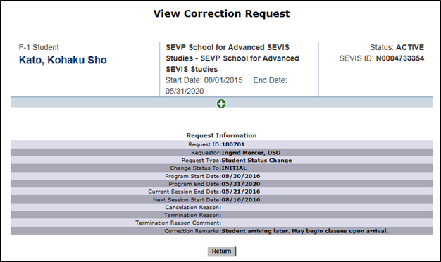 Screenshot of the View Correction Request page