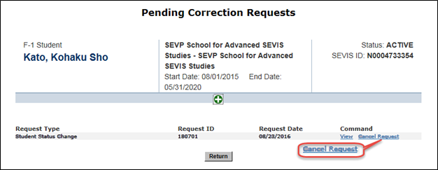 Screenshot of the Screen shot of Pending Correction Request page with Cancel Request option in red.