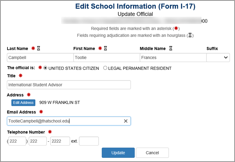 Screenshot of the Edit School Information field in SEVIS