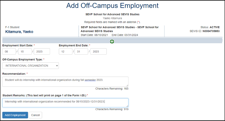 Screenshot of the Add Off-Campus Employment page with all data fields required.