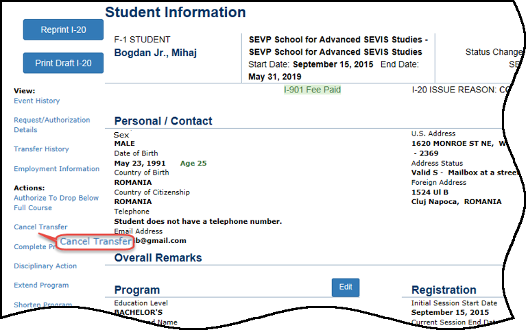 SEVIS Screenshot Cancel Transfer