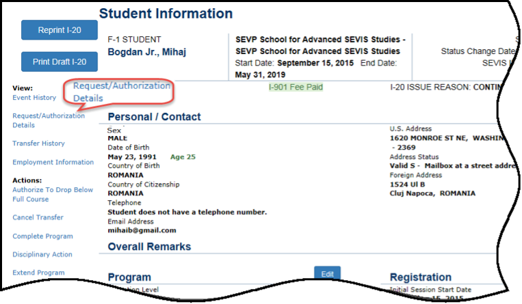 SEVIS Screenshot of Student Information