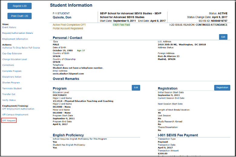 Student Information page with OPT Request call out