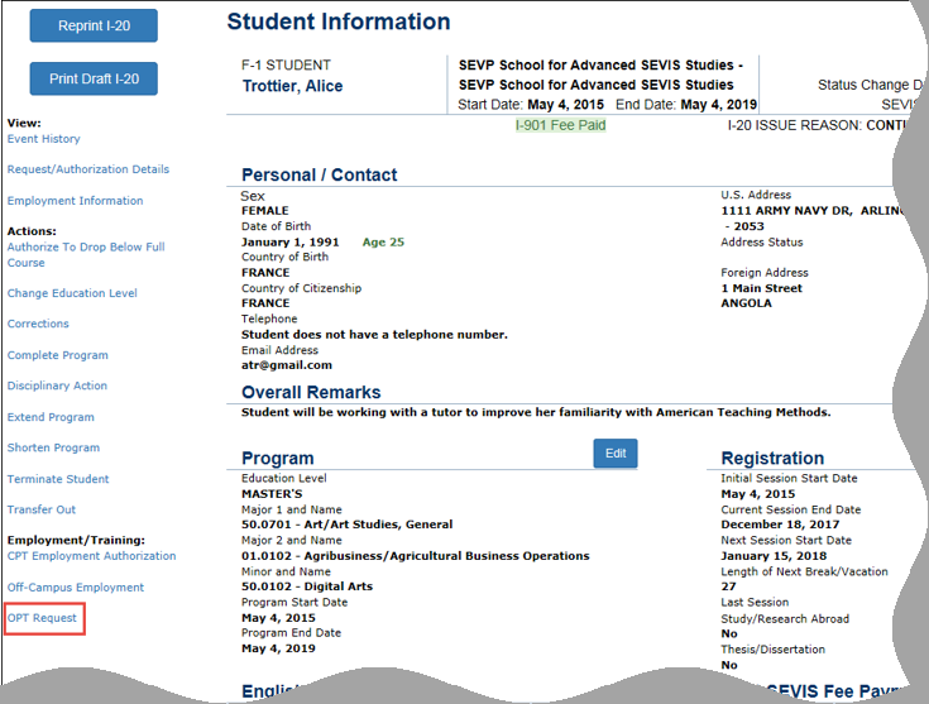 Student Information page with OPT Request call out