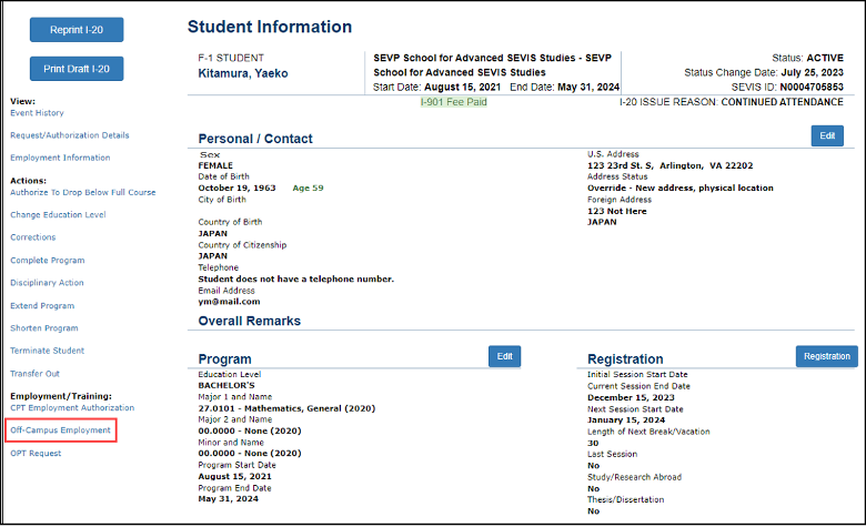 Screenshot of the Student information page with Off-Campus Employment link highlighted.