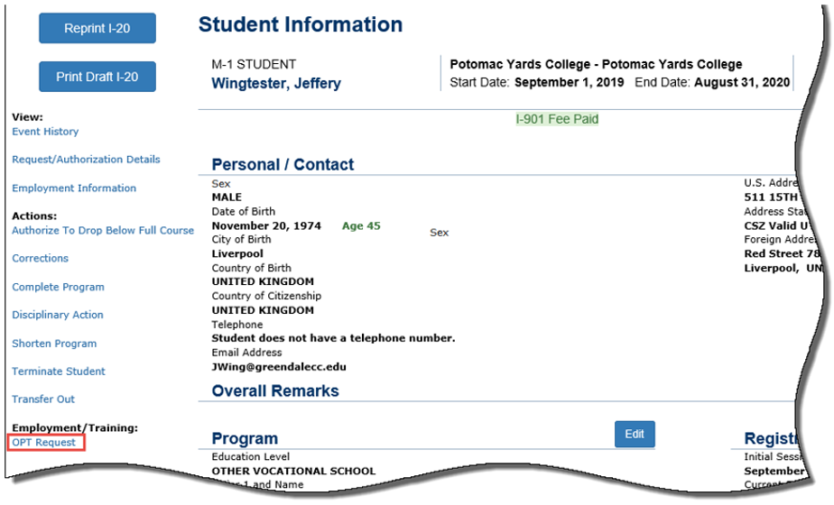 M-1 Student Information Overview Page