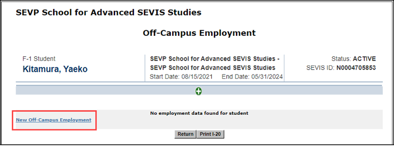 Screenshot of the Off-Campus Employment page with New Off-Campus Employment link highlighted.