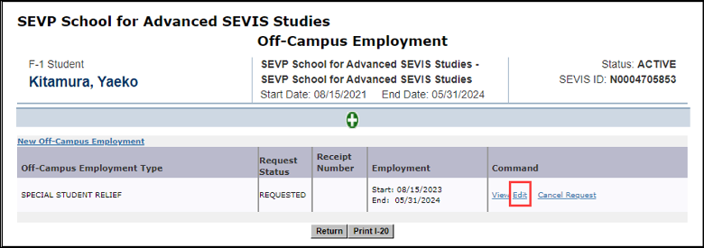 Screenshot of the Off-Campus Employment page with the Edit link highlighted.