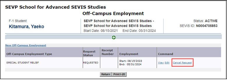 Screenshot of the Off-Campus Employment page with Cancel Request link highlighted.