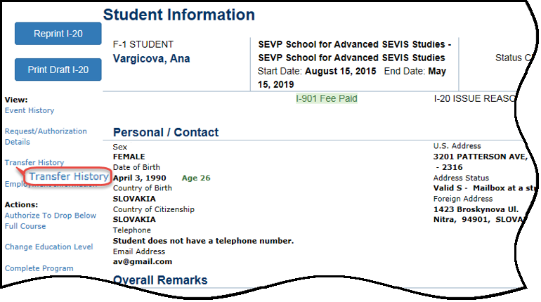 SEVIS Screenshot Transfer History