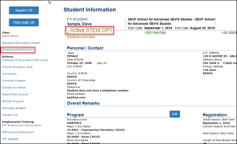 Student Information page with Employment Overview call out