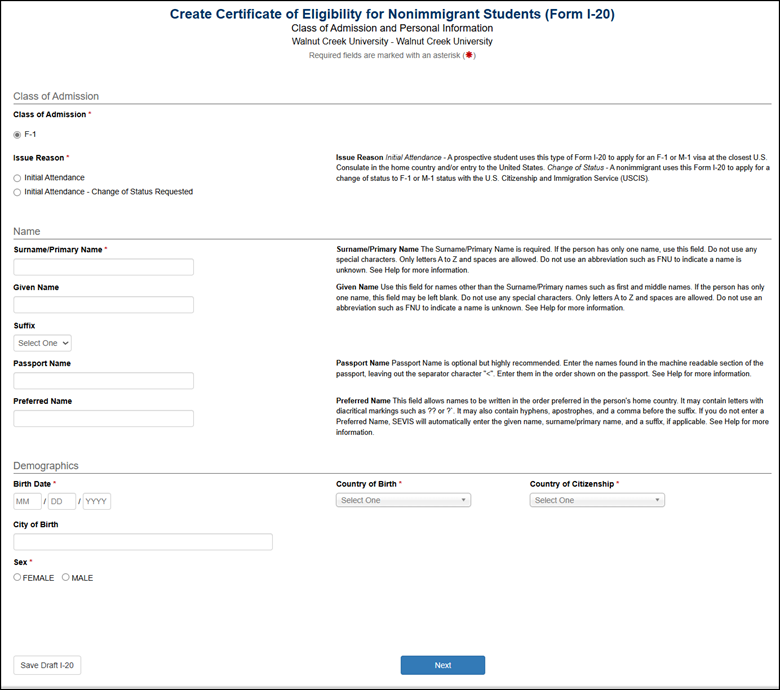 SEVIS Create Certificate of Eligibility for Nonimmigrant Students