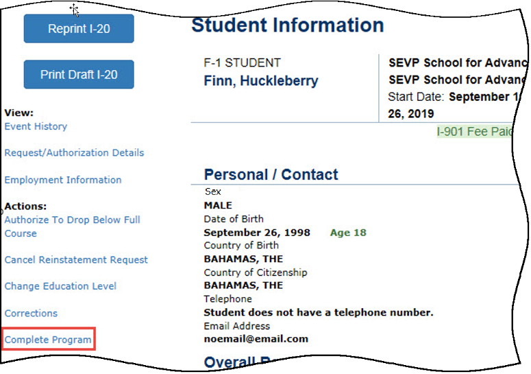 Complete Program Student Information Screen
