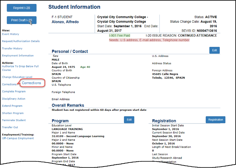Correct Program Dates Student Information Screen