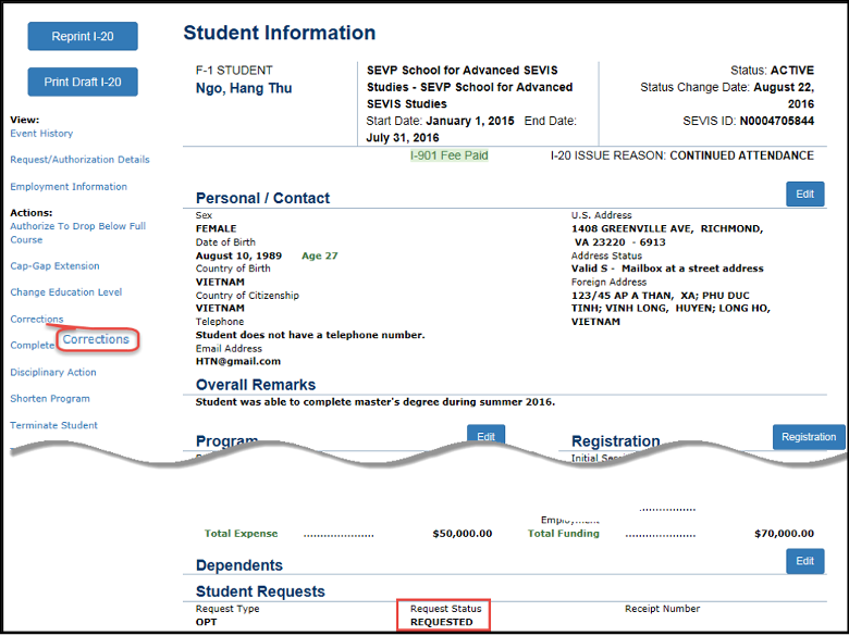 Correct SEVIS Status of USCIS Request Student Information Screen