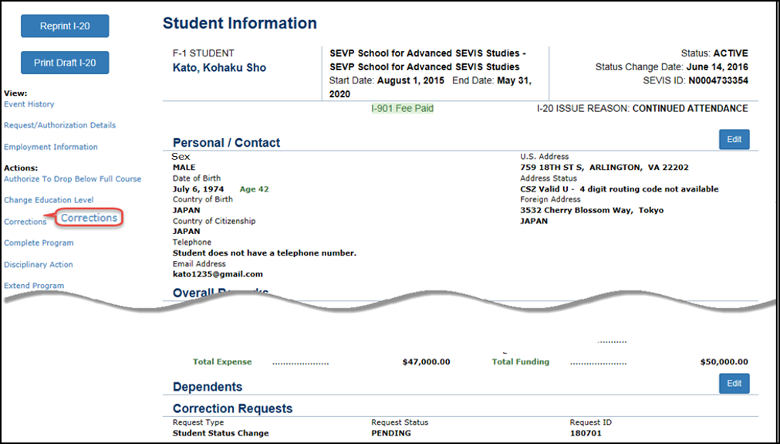 Correction Requests Overview Student Information Screen