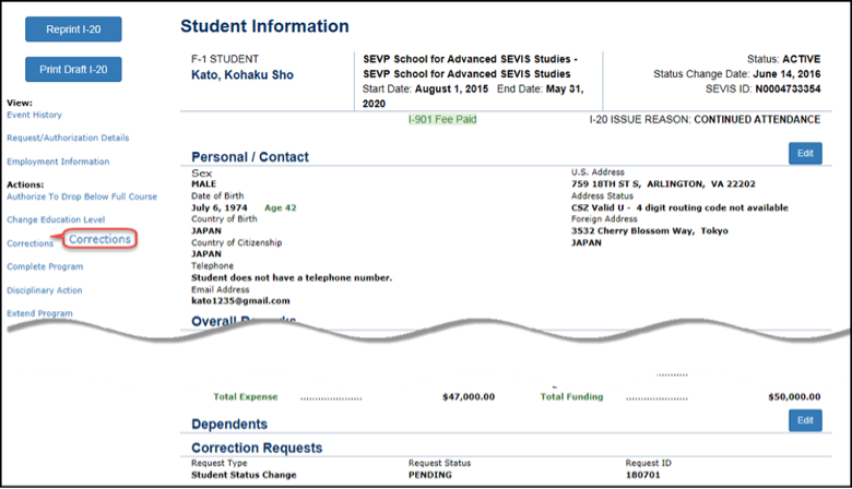 Correction Requests Overview Student Information Corrections Screen